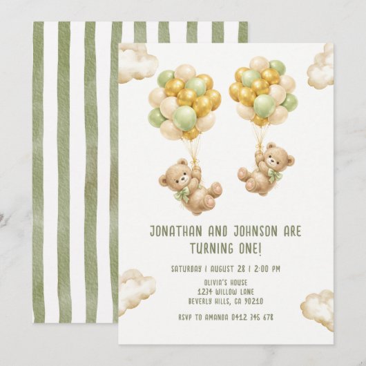 Bear With Balloons Twins First Birthday Invitation 招待状 (正面/裏面)