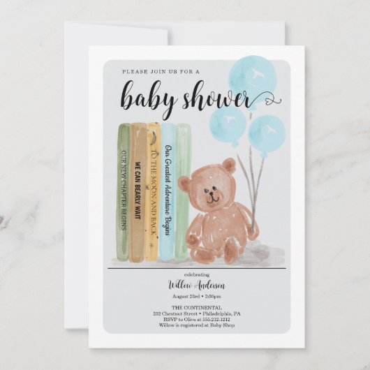 Bear with Books Bearly Wait Boy Baby Shower 招待状 (正面)