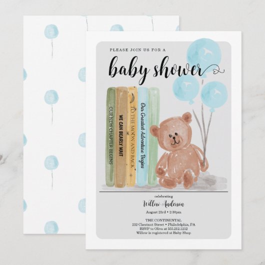 Bear with Books Bearly Wait Boy Baby Shower 招待状 (正面/裏面)