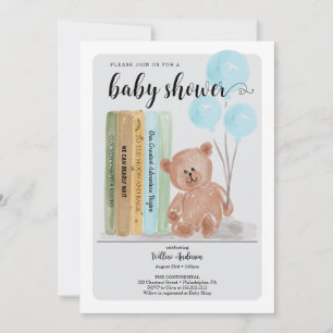 Bear with Books Bearly Wait Boy Baby Shower 招待状
