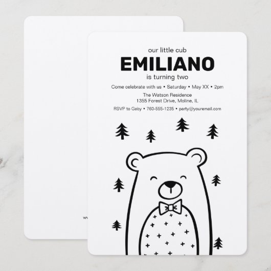Bear with Bow Tie, Boy's birthday party invitation 招待状 (正面/裏面)