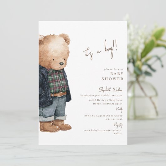 Bear-y Cute Teddy Bear It's a Boy Baby Shower 招待状 (スタンド正面)
