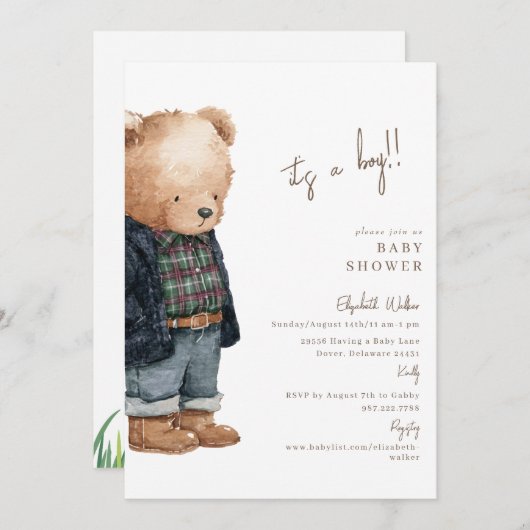 Bear-y Cute Teddy Bear It's a Boy Baby Shower 招待状 (正面/裏面)