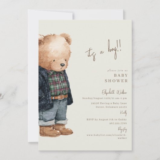 Bear-y Cute Teddy Bear It's a Boy Baby Shower 招待状 (正面)