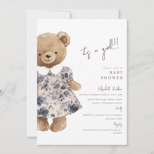 Bear-y Cute Teddy Bear It's a Girl Baby Shower 招待状 (正面)
