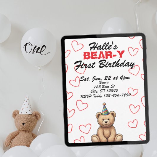 BEAR-Y First Birthday, cute teddy bear birthday 招待状