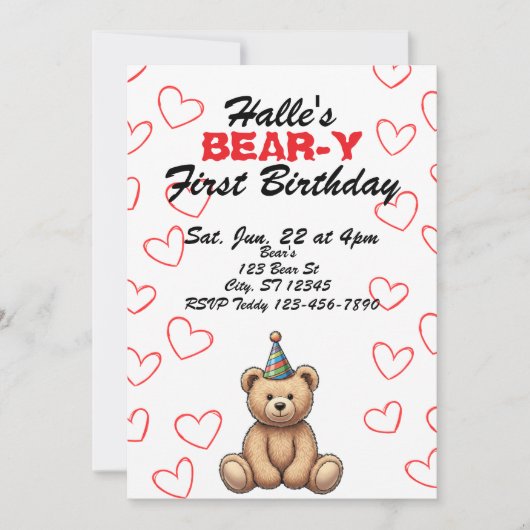 BEAR-Y First Birthday, cute teddy bear birthday 招待状 (正面)