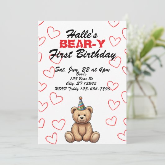 BEAR-Y First Birthday, cute teddy bear birthday 招待状 (スタンド正面)