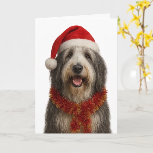 Bearded Collie in a Santa hat Christmas card カード (黄色い花)