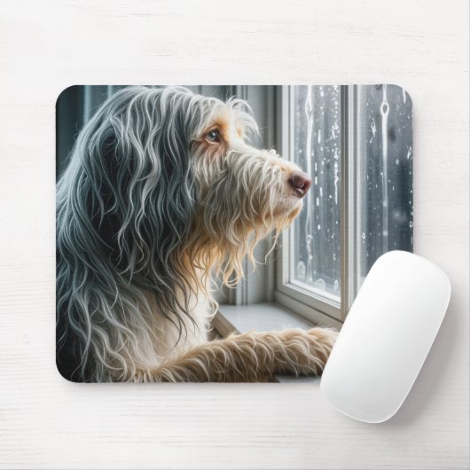 Bearded Collie Looking at a Rainy Window マウスパッド (マウス)