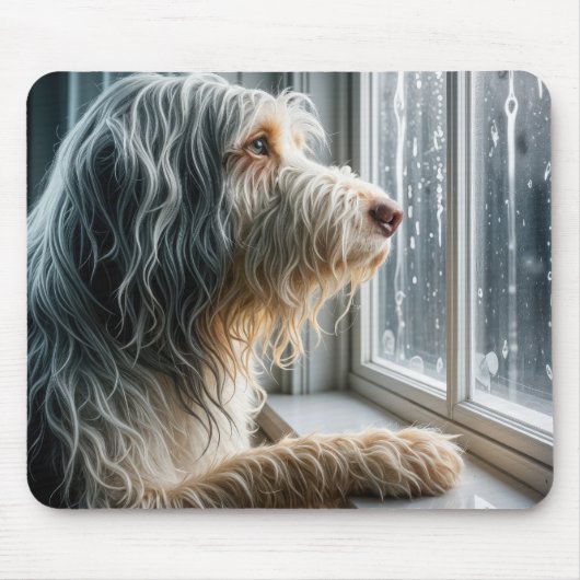 Bearded Collie Looking at a Rainy Window マウスパッド (正面)