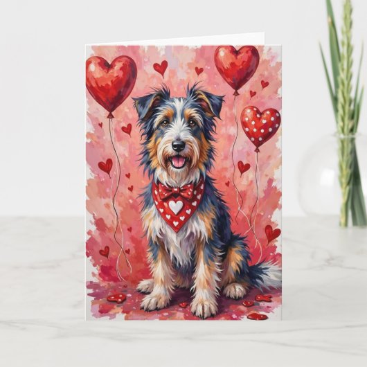 Bearded Collie Valentine Dog Sitting with Hearts カード (正面)