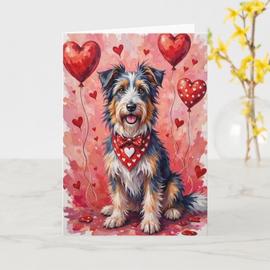 Bearded Collie Valentine Dog Sitting with Hearts カード (黄色い花)