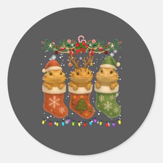 Bearded Dragon In Christmas Socks Lights Bearded D ラウンドシール (正面)