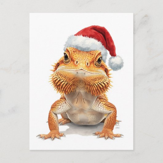 Bearded Dragon in Santa Hat Watercolor シーズンポストカード (正面)