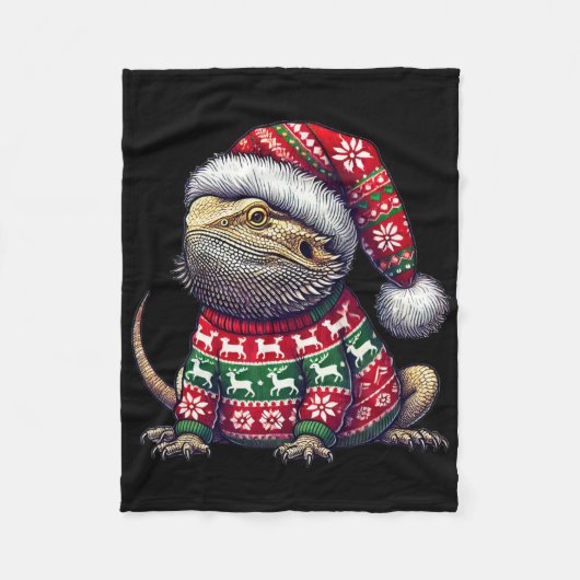 Bearded Dragon Ugly Sweater Santa Hat Christmas  フリースブランケット (正面)