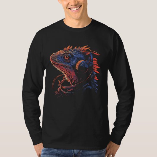 Bearded Dragon With Headphones Beardie Hipster Liz Tシャツ (正面)