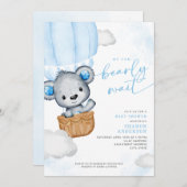 Bearly待ちテディベアバルーンボーイベビーシャワー 招待状 (正面/裏面)