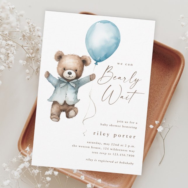 Bearly待ちテディベアーボーイズ赤ちゃんシャワー (Can Bearly Wait Blue Balloon Boys Baby Shower Magnetic Invitation.)