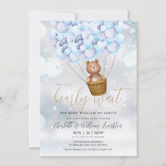 Bearly待ちテディベア男の子の冬の赤ちゃんシャワー 招待状 (正面)