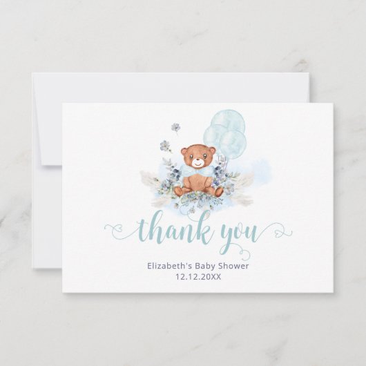 Bearly待ちテディベア男の子ベイビーシャワーありがとう カード (正面)
