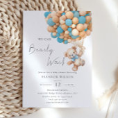 Bearly待ちテディベア赤ちゃんシャワーブルーバルーン 招待状