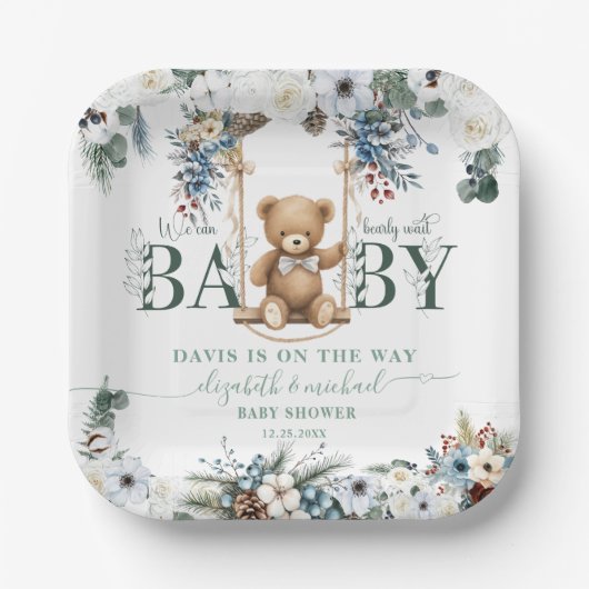 Bearly待つセージ緑の冬の赤ちゃんシャワー ペーパープレート (正面)