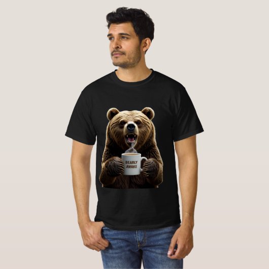 Bearly Awake: Grumpy Bear Coffee Graphic Tシャツ (正面フル)