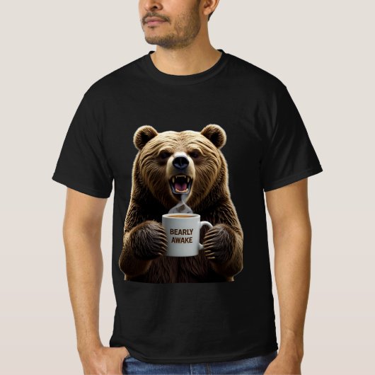 Bearly Awake: Grumpy Bear Coffee Graphic Tシャツ (正面)