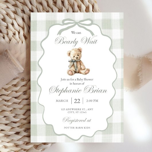 Bearly Baby Shower Invite Download Sage Green Ging 招待状