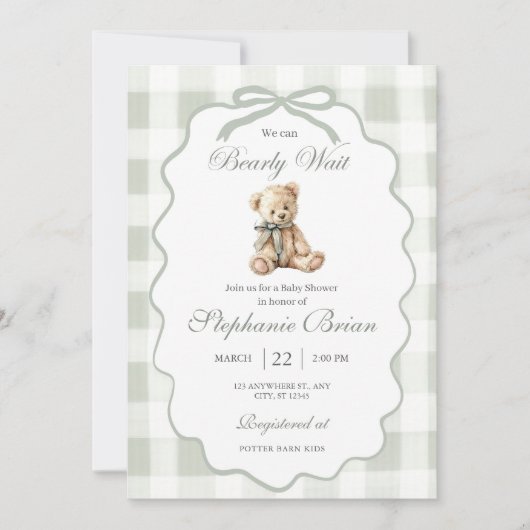 Bearly Baby Shower Invite Download Sage Green Ging 招待状 (正面)