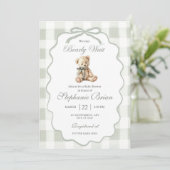Bearly Baby Shower Invite Download Sage Green Ging 招待状 (スタンド正面)