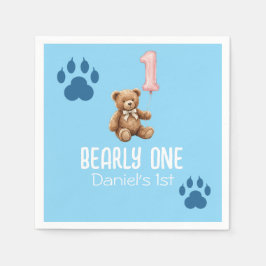 Bearly One | ブラウン テディベア 1歳の誕生日 スタンダードカクテルナプキン