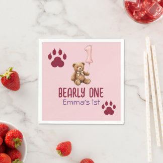 Bearly One | ブラウン テディベア 1歳の誕生日 スタンダードカクテルナプキン