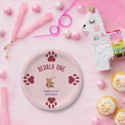 Bearly One | ブラウン テディベア 1歳の誕生日 ペーパープレート (パーティー)
