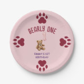 Bearly One | ブラウン テディベア 1歳の誕生日 ペーパープレート (正面)