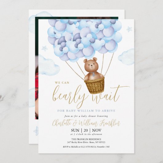 Bearly Waitテディベアーブルーボーイフォトベビーシャワー 招待状 (正面/裏面)