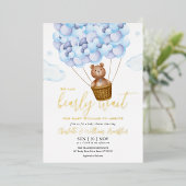 Bearly Waitテディベアーブルーボーイフォトベビーシャワー 箔招待状 (立ち正面)