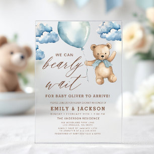 Bearly Waitニュートラルベージュ&ブルーボーイベビーシャワー アクリル招待状