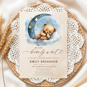 Bearly Waitニュートラルベージュ&ブルーボーイベビーシャワー 招待状