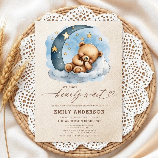 Bearly Waitニュートラルベージュ&ブルーボーイベビーシャワー 招待状