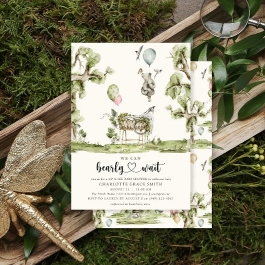 Bearly WaitハートSIP & See Girlベビーシャワー 招待状