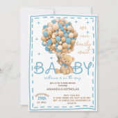 Bearly Waitブルーベアーバルーンベビーシャワー 招待状 (正面)