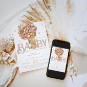 Bearly Waitボーホピンクバルーンベビーガールシャワー 招待状