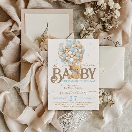 Bearly Waitボーホブルーバルーンボーイベビーシャワー 招待状