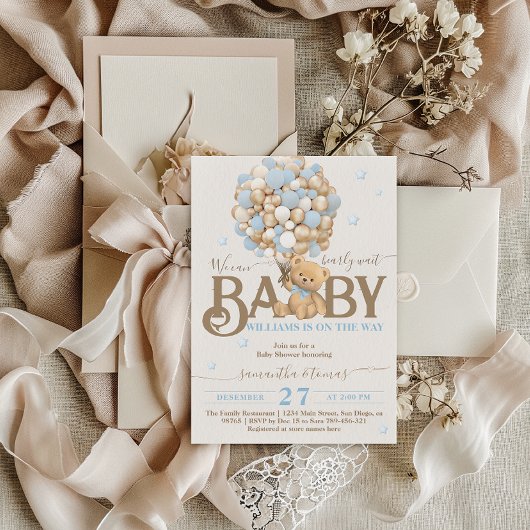 Bearly Waitボーホブルーバルーンボーイベビーシャワー 招待状