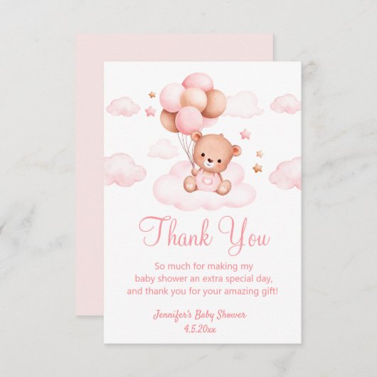 bearly wait女の子の赤ちゃんシャワーかわいいクマのピンク サンキューカード (正面/裏面)