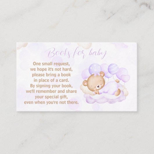 Bearly Wait紫色の女の子の赤ちゃんシャワー本のためのベビー エンクロージャーカード (正面)