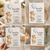 Bearly Wait Baby Shower Teddy Bear & Blue Balloon 招待状