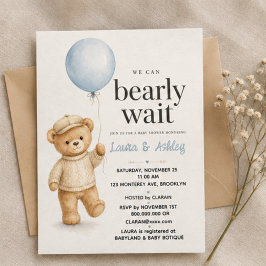 Bearly Wait Baby Shower Teddy Bear & Blue Balloon 招待状